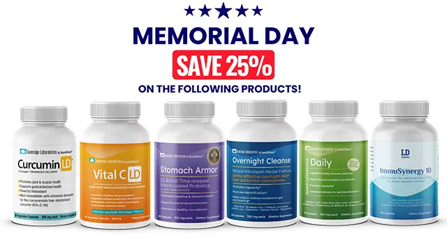 Memorial Day Sale - Save 25% on the following products! Vital C-LD®, Curcumin-LD®, GastroDefense® Daily, GastroDefense® Overnight Cleanse, GastroDefense® STOMACH ARMOR® and ImmuSynergy 10 Capsules
